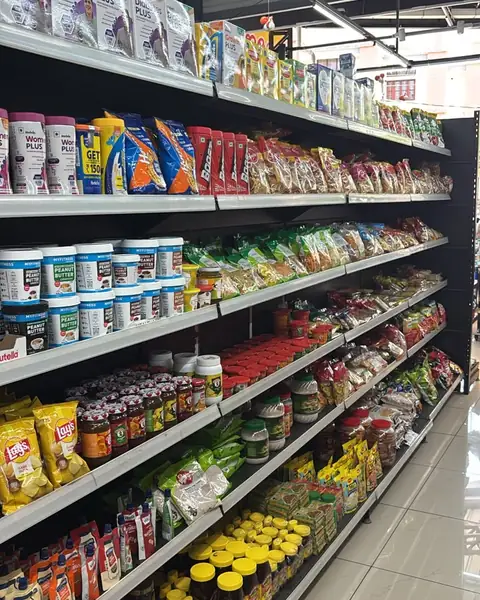Long shelves of packaged foods and spices