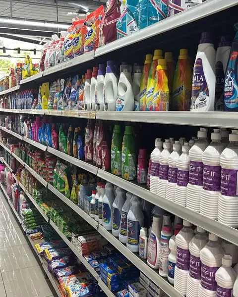 The detergent aisle — liquid detergents, fabric stiffener and bleach