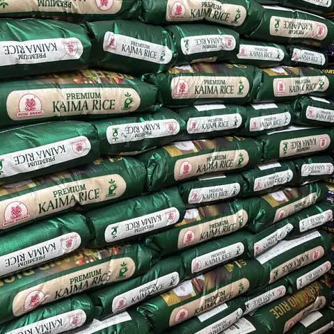 Green sacks of Rose Brand premium kaima rice